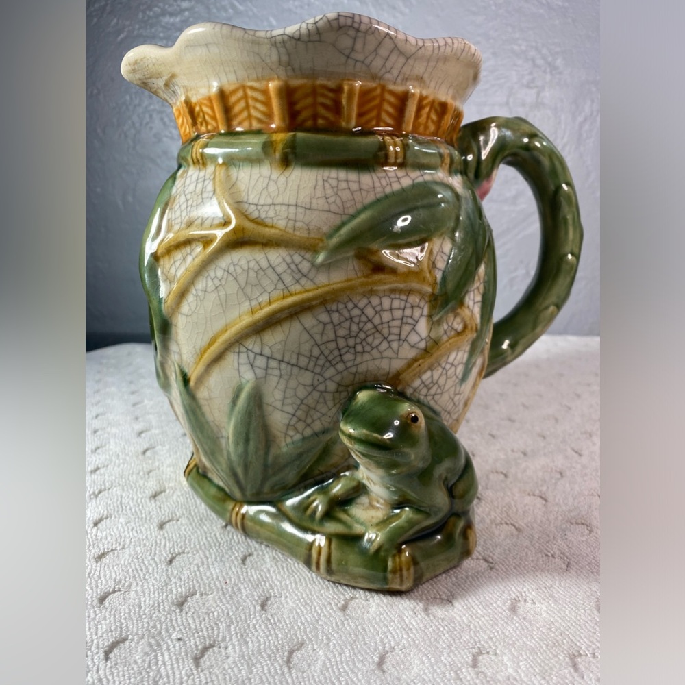 Vintage Chinese Pitcher with Frogs bamboo And Lily Pads made by Oriental Accents